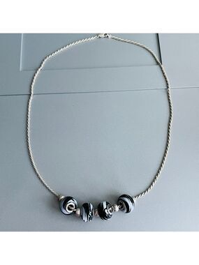 Black & White Glass Beads on Sterling Silver  Rope Chain Necklace Vintage